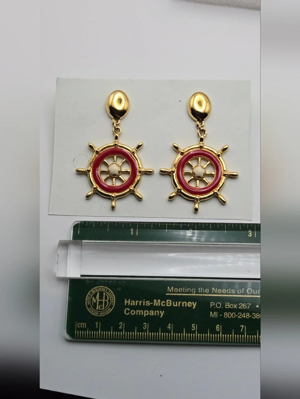 Avon Gold & Red Nautical Ship Wheel Earrings Vintage Style
